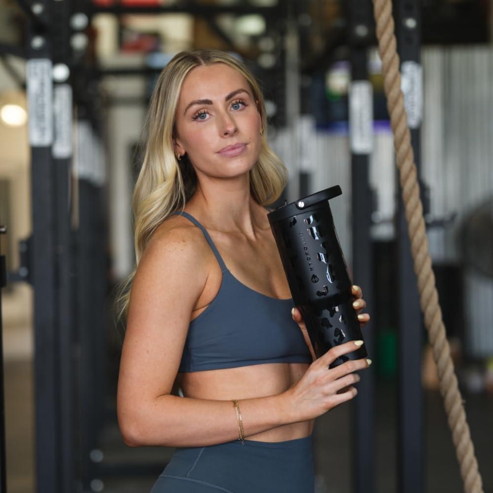 imageHydroJug Sport Stainless Steel Tumbler with Straw Vacuum Insulated 40oz Leakproof Water Bottle Ergonomic Design Reusable Dishwasher Safe Rubber Base Durable for Gym or Outdoors Alumni RedBlack Leopard