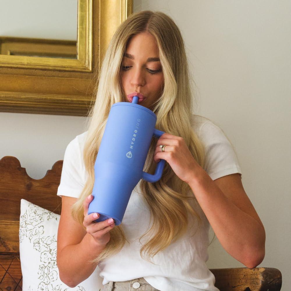 imageHydroJug Traveler 40 oz Water Bottle with Handle ampamp Flip Straw Fits in Cup Holder Leak Resistant TumblerReusable Insulated Stainless Steel ampamp Rubber Base Gifts for Women ampamp Men Alumni RedLight Blue