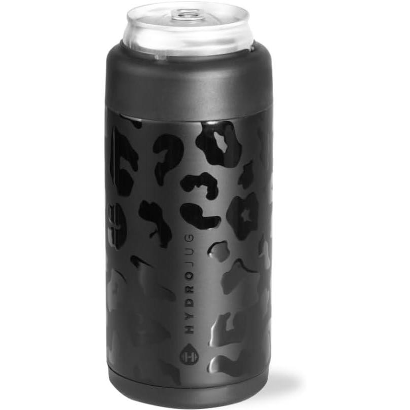 imageHydroJug Slim Can Cooler  2in1 Insulated Can Cooler Cup  Stainless Steel Slim Can Holder with NonSlip Rubber Base  ScrewTop Lid  Dishwasher Safe  12oz CamoBlack Leopard