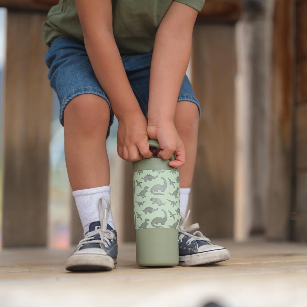 imageHydroJug Kids 14 oz Sport Water Bottle Stainless Steel Insulated 100 Leakproof With Carry Handle BPAFree KidFriendly Design Durable ampamp Dishwasher Safe DinosaurDinosaur