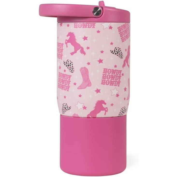 imageHydroJug Kids 14 oz Sport Water Bottle Stainless Steel Insulated 100 Leakproof With Carry Handle BPAFree KidFriendly Design Durable ampamp Dishwasher Safe DinosaurCowgirl